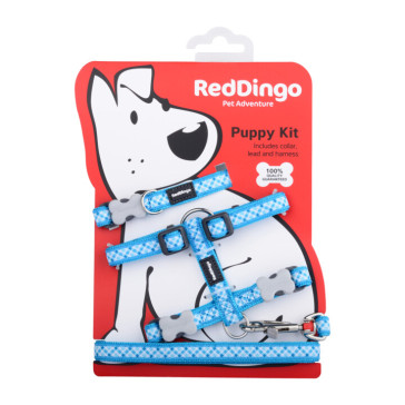 Red Dingo Puppy Harness, Collar & Lead Pack - Turquoise Gingham